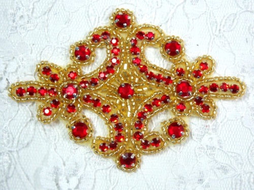 0470 Red Gold Rhinestone Beaded Hair Bow / Brooch / Applique 4"