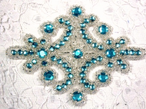 0470  Turquoise Silver Rhinestone Beaded Hair Bow / Brooch / Applique 4"