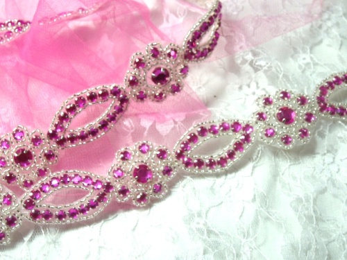 0474  Fuchsia & Silver Rhinestone Jewel Floral Trim 1.25"
