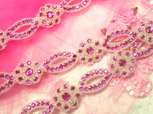 0474  Fuchsia & Silver Rhinestone Jewel Floral Trim 1.25"
