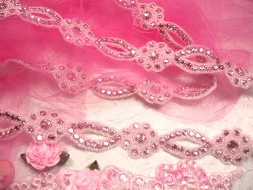 0474  Pink Rhinestone Jewel Floral Trim 1.25"