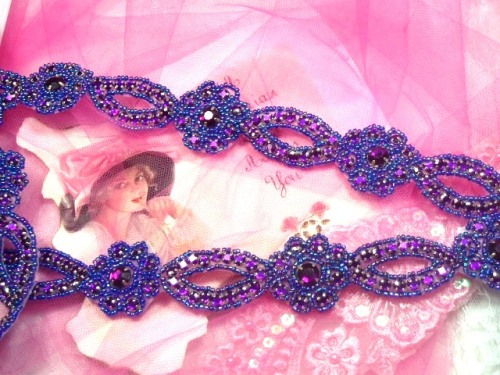 0474  Purple AB Rhinestone Jewel Floral Trim 1.25"