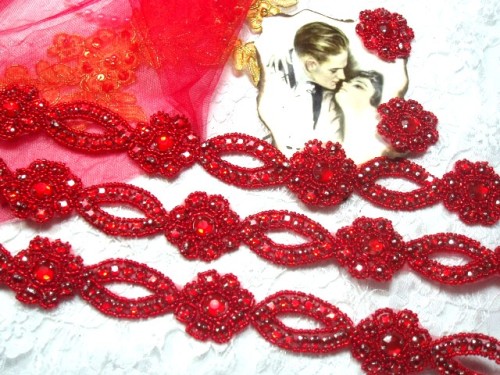0474  Red Rhinestone Jewel Floral Trim 1.25"