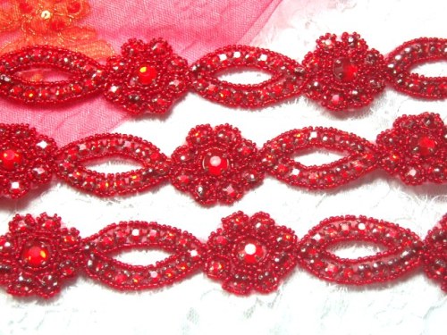 0474  Red Rhinestone Jewel Floral Trim 1.25"
