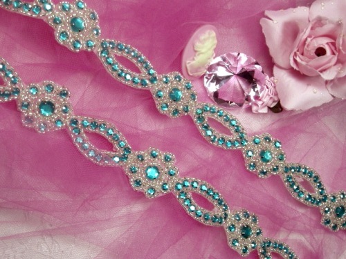 0474  Turquoise & Silver Rhinestone Jewel Floral Trim 1.25"