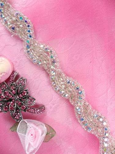 0475  Aurora Borealis Crystal AB Rhinestone Braided Silver Beaded Trim