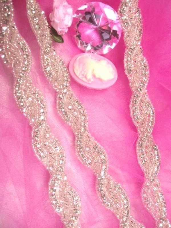 0475  Crystal Clear Rhinestone Braided Silver Beaded Trim