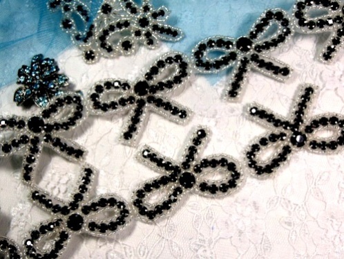 0481 Black Silver Beaded Bow Appliques or Trim 1.75"