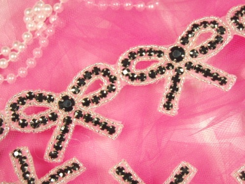0481 Black Silver Beaded Bow Appliques or Trim 1.75"
