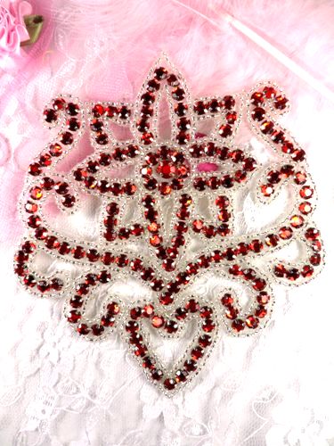 0491 Red Silver Jewel Beaded Rhinestone Applique 5"