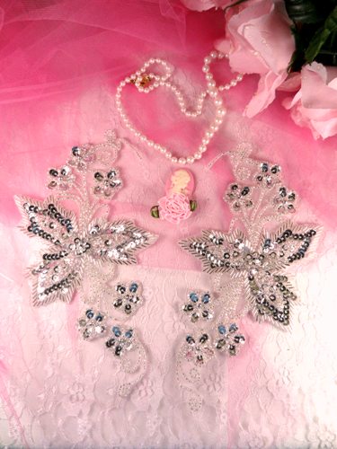 0494 Silver Mirror Pair Floral Vine Beaded Sequin Appliques