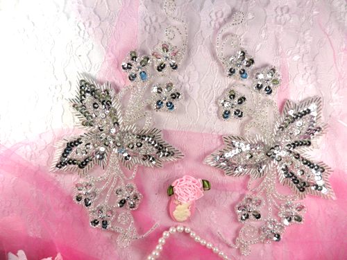 0494 Silver Mirror Pair Floral Vine Beaded Sequin Appliques