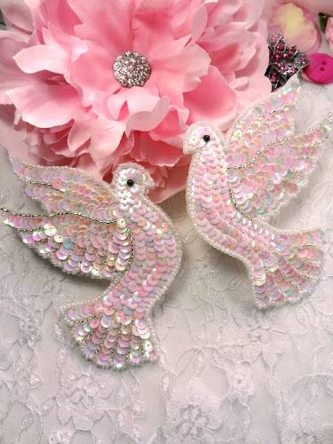 0495 White Dove Mirror Pair Beaded Sequin Appliques