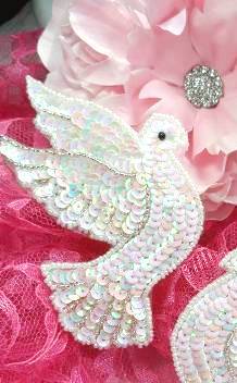 0503 White Dove Bird 4" Sequin Beaded Applique