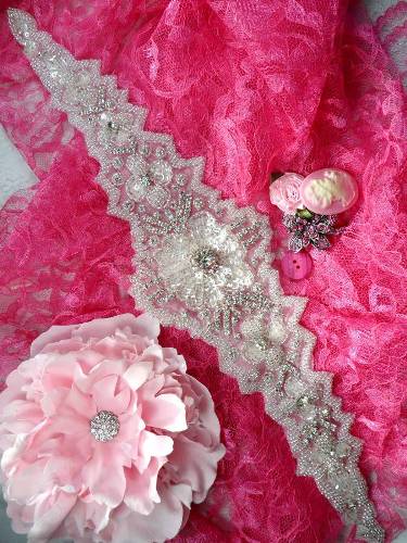 0496 Crystal Clear Sequin Silver Beaded Rhinestone Applique 17.5"