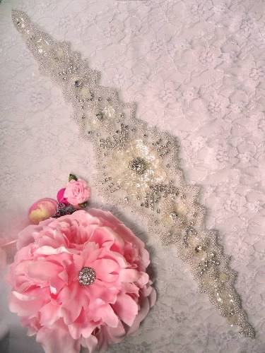 0496 Crystal Clear Sequin Silver Beaded Rhinestone Applique 17.5"