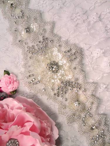 0496 Crystal Clear Sequin Silver Beaded Rhinestone Applique 17.5"