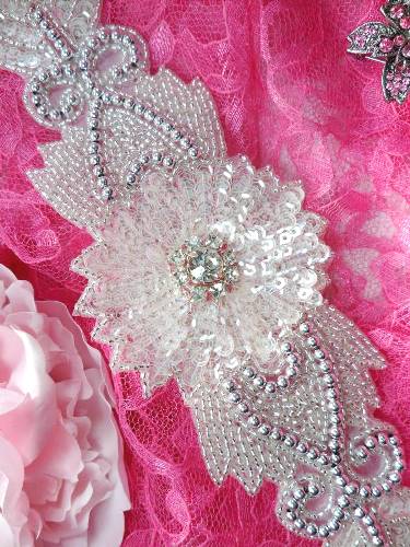 0497 Crystal Clear Sequin Silver Beaded Rhinestone Applique 10"