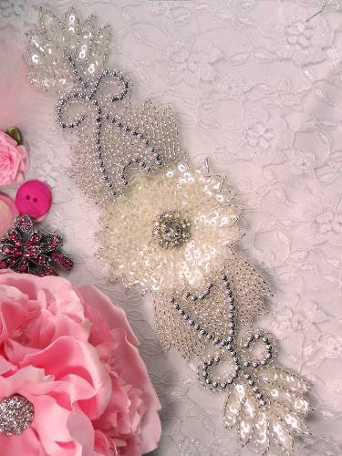 0497 Crystal Clear Sequin Silver Beaded Rhinestone Applique 10"