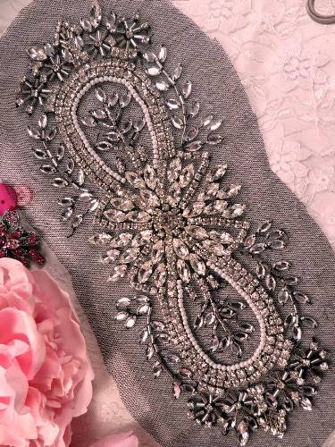 0498 Crystal Clear Silver Beaded Rhinestone Applique 10.5" on Black