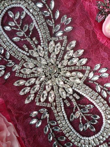 0498 Crystal Clear Silver Beaded Rhinestone Applique 10.5" on Black