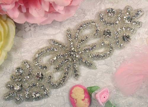 0499   Unconditional Love  Crystal Clear Silver Beaded Rhinestone Applique 7"