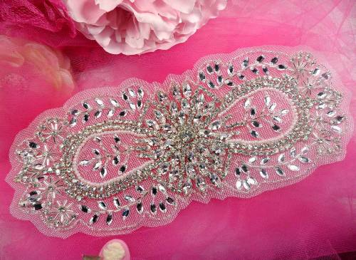 0502  Unseen Glory Revealed Crystal Clear Silver Beaded Rhinestone Applique 10.5"