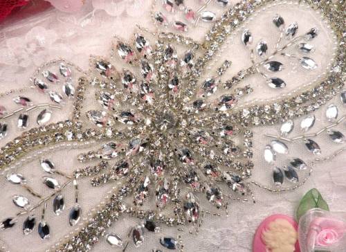 0502  Unseen Glory Revealed Crystal Clear Silver Beaded Rhinestone Applique 10.5"