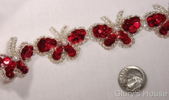 T9516  Red Butterfly Sequin Beaded Applique or Trim