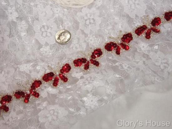 T9516  Red Butterfly Sequin Beaded Applique or Trim
