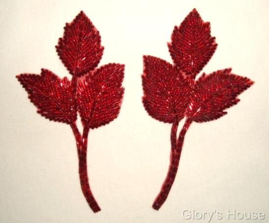 Red Leaf 6" Mirror Pair Beaded Applique  K8128