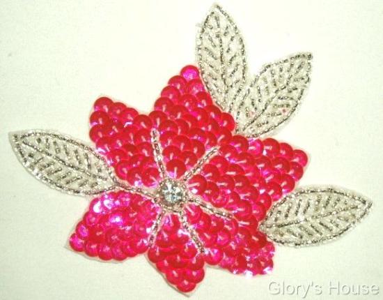 K8124   Hot Neon Pink 4" Sequin Beaded Floral Applique