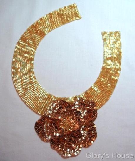 K8398  Gold Floral Collar Sequin Beaded Applique  11"