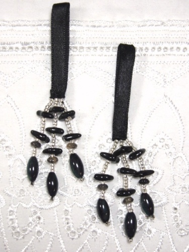 E5572 Set of 2 Black & Silver Beaded Tassels 2"