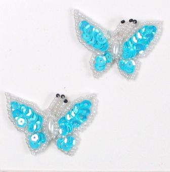 E3132 (Set of 2) Aqua Blue Butterfly Sequin Beaded Appliques 1.75"