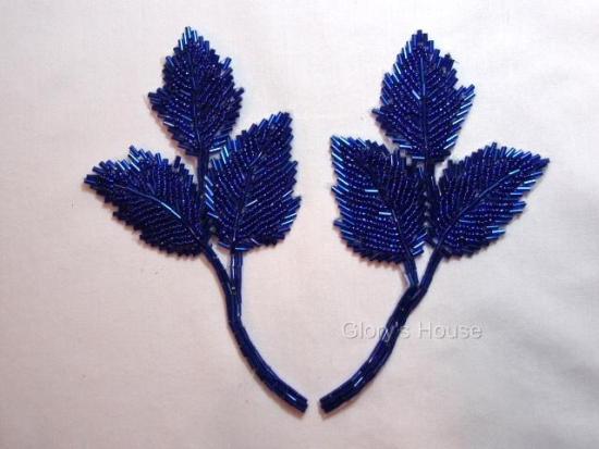 Blue Leaf 6" Mirror Pair Beaded Applique  K8128