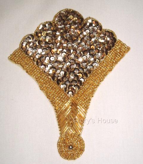 K8618  Gold Fan Epaulet Sequin Beaded Applique 5.75"