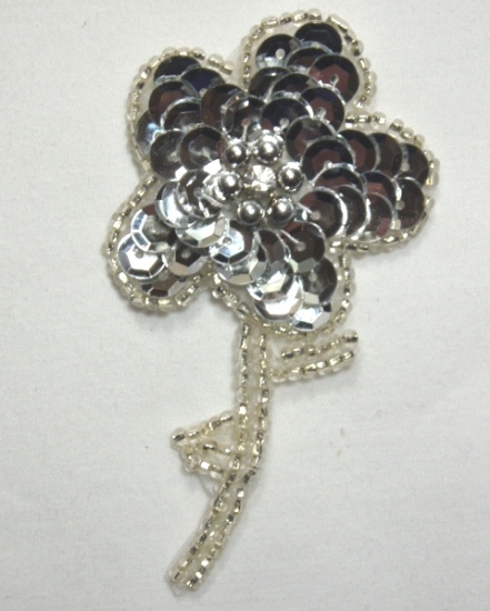 K8267  Silver Floral Sequin Beaded Applique 3"