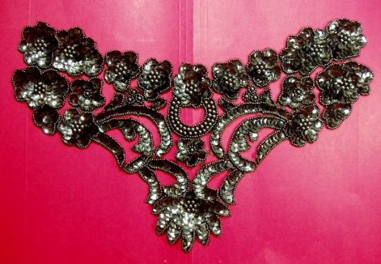 K8902  Gunmetal Bodice Yoke  Sequin Beaded Applique 12.75"