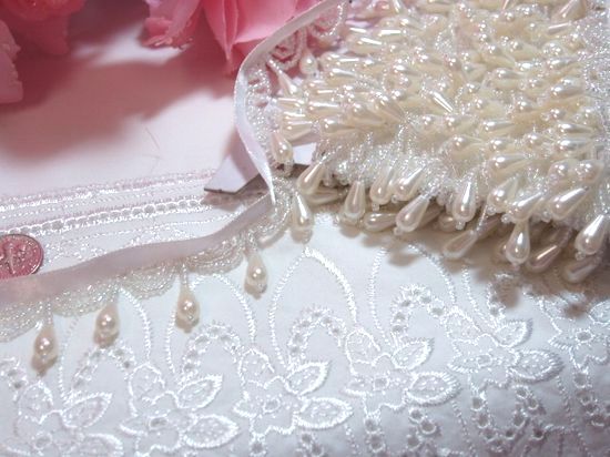 C32  White Crystal Pearl Beaded Fringe Sewing Trim 1.25"