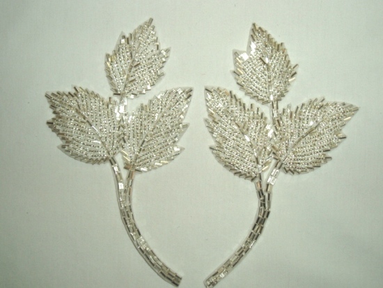 Silver Leaf 6" Mirror Pair Beaded Applique  K8128