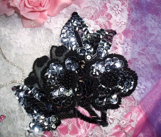 Gunmetal Floral 6" Sequin Beaded Applique  K8925