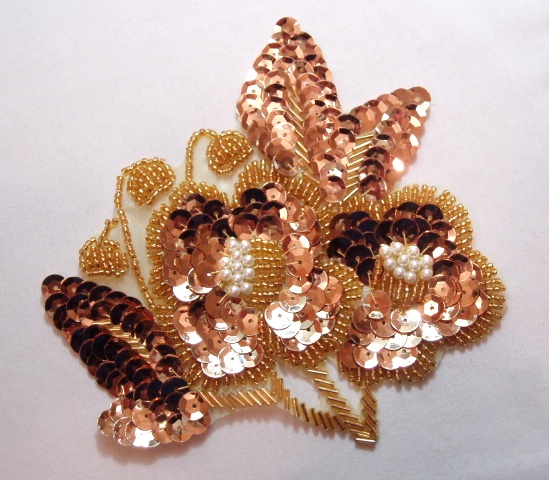 Gold Floral 6" Sequin Beaded Applique  K8925