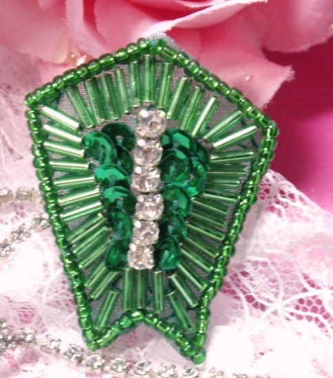 Green Rhinestone 2" Sequin Beaded Applique K1273