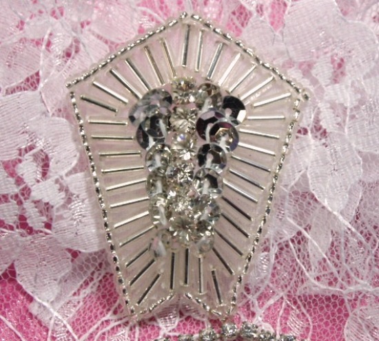 Silver Rhinestone 2" Sequin Beaded Applique K1273