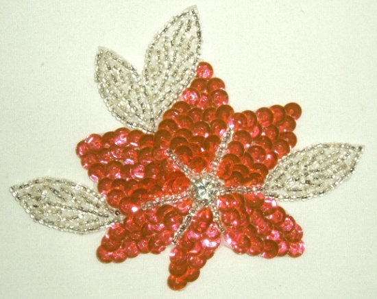 K8124  Orange Pink 4" Sequin Beaded Floral Applique