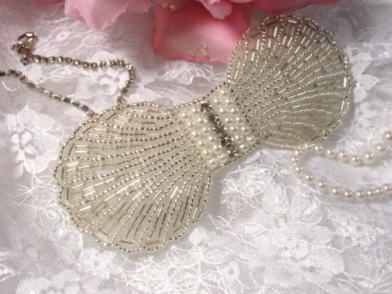 K9306  Silver Pearl Rhinestone Bow Beaded Applique 5"
