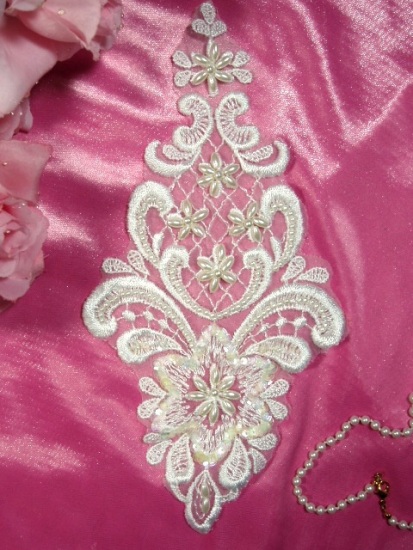 K30  White Venise Lace 9.25"  Beaded Applique