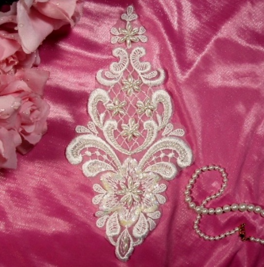 K30  White Venise Lace 9.25"  Beaded Applique