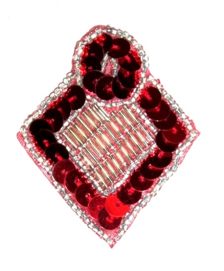 K1194  Red and Silver Diamond Sequin Beaded Applique  2.25"